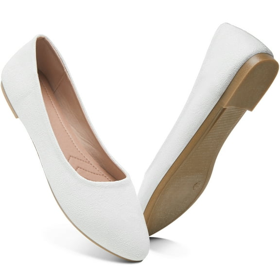 AOMAIS Women Ballet Flats Classic Faux Suede Pointed Toe Dress Shoes Comfortable Slip On Business Flats Cute Solid Soft Ballerina Flats(White,US6)
