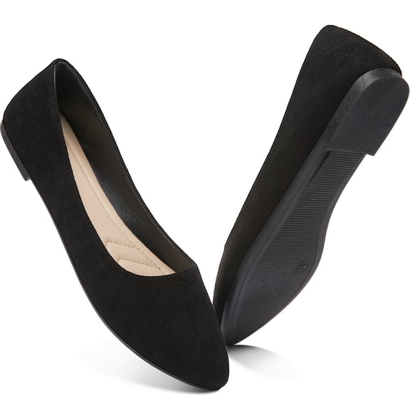 AOMAIS Women Ballet Flats Classic Faux Suede Pointed Toe Dress Shoes Comfortable Slip On Business Flats Cute Solid Soft Ballerina Flats(Black 8)