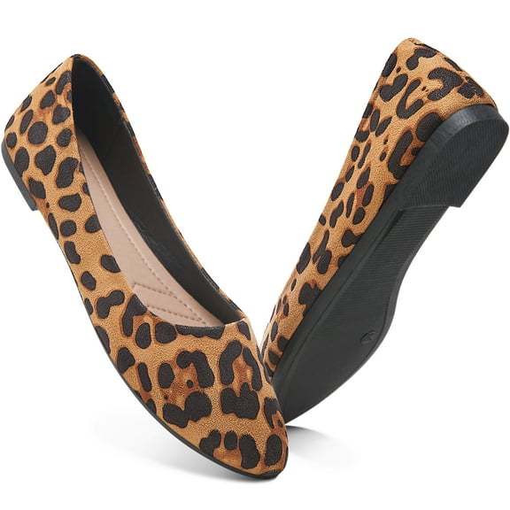 AOMAIS Women Ballet Flats Classic Faux Suede Pointed Toe Dress Shoes Comfortable Slip On Business Flats Cute Solid Soft Ballerina Flats(Leopard,US6)