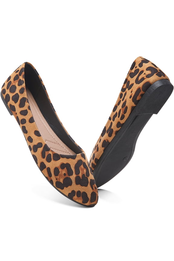 Women Ballet Flats Classic Faux Suede Pointed Toe Dress Shoes Comfortable Slip On Business Flats Cute Solid Soft Ballerina Flats(Leopard,US8)