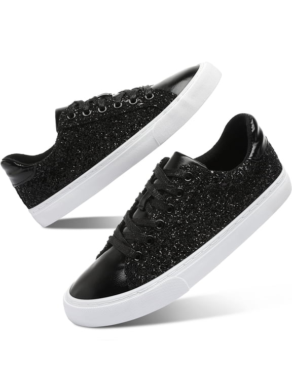 Women Glitter Sneakers Sparkly Low Top Sequins Sneakers Lace Up Tennis Shoes Comfort Bling Shoes Fashion Shiny Walking Shoes(Black Glitter US10)