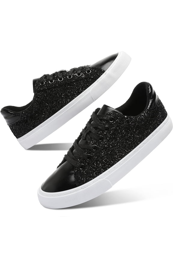 Women Glitter Sneakers Sparkly Low Top Sequins Sneakers Lace Up Tennis Shoes Comfort Bling Shoes Fashion Shiny Walking Shoes(Black Glitter US10)