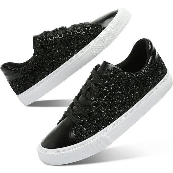 AOMAIS Women Glitter Sneakers Sparkly Low Top Sequins Sneakers Lace Up Tennis Shoes Comfort Bling Shoes Fashion Shiny Walking Shoes(Black Glitter US8)