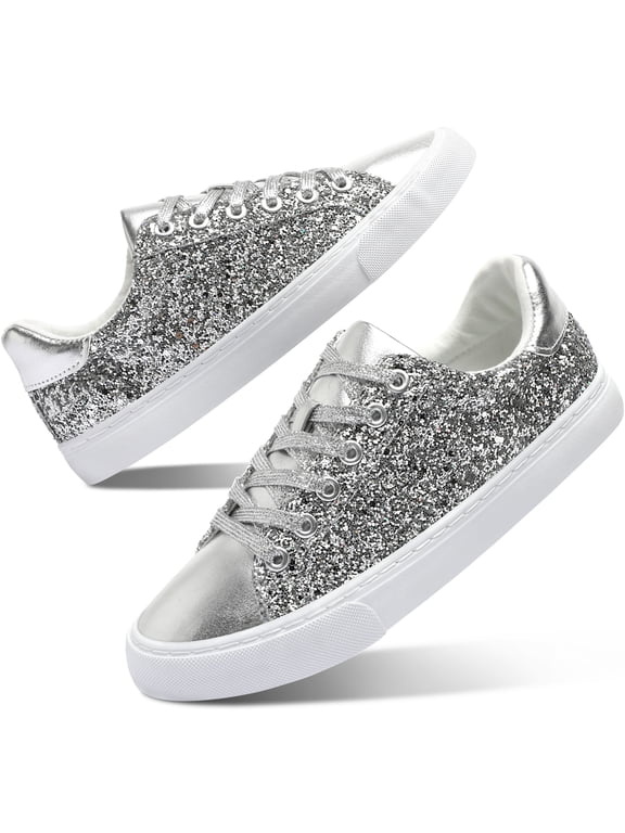 Women Glitter Sneakers Sparkly Low Top Sequins Sneakers Lace Up Tennis Shoes Comfort Bling Shoes Fashion Shiny Walking Shoes(Silver Glitter US9)