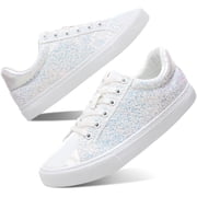 AOMAIS Women Glitter Sneakers Sparkly Low Top Sequins Sneakers Lace Up Tennis Shoes Comfort Bling Shoes Fashion Shiny Walking ShoesWhite Glitter US8