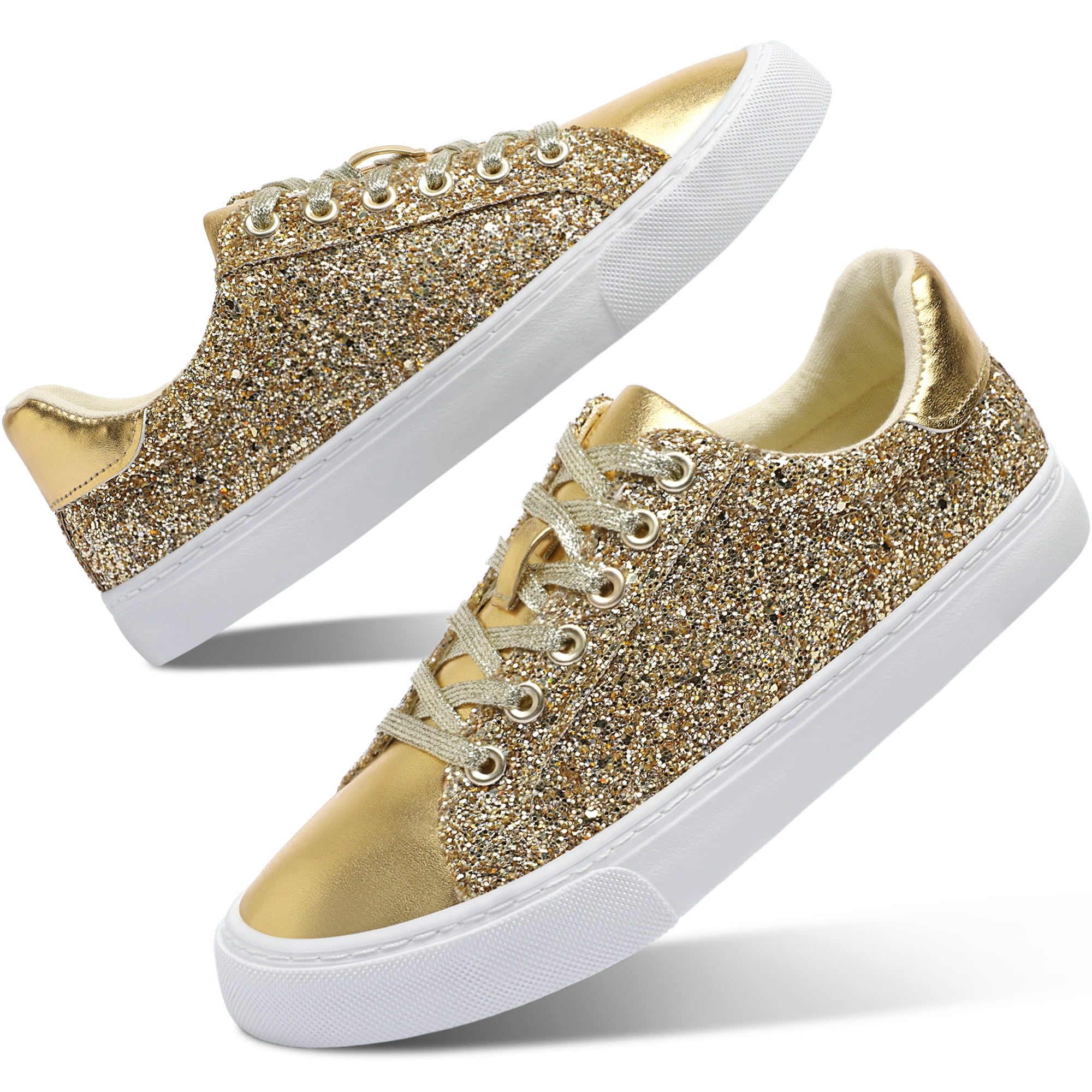 Women Glitter Sneakers Sparkly Low Top Sequins Sneakers Lace Up Tennis Shoes Comfort Bling Shoes Fashion Shiny Walking Shoes(Gold Glitter US7)