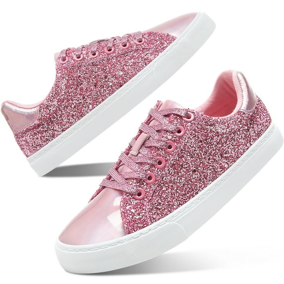 AOMAIS Women Glitter Sneakers Sparkly Low Top Sequins Sneakers Lace Up Tennis Shoes Comfort Bling Shoes Fashion Shiny Walking Shoes(Pink Glitter US5)