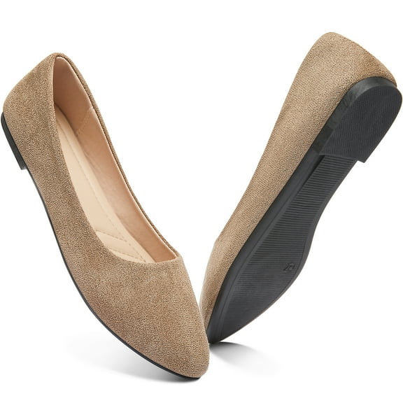AOMAIS Women Ballet Flats Classic Faux Suede Pointed Toe Dress Shoes Comfortable Slip On Business Flats Cute Solid Soft Ballerina Flats(Beige/Brown 10)