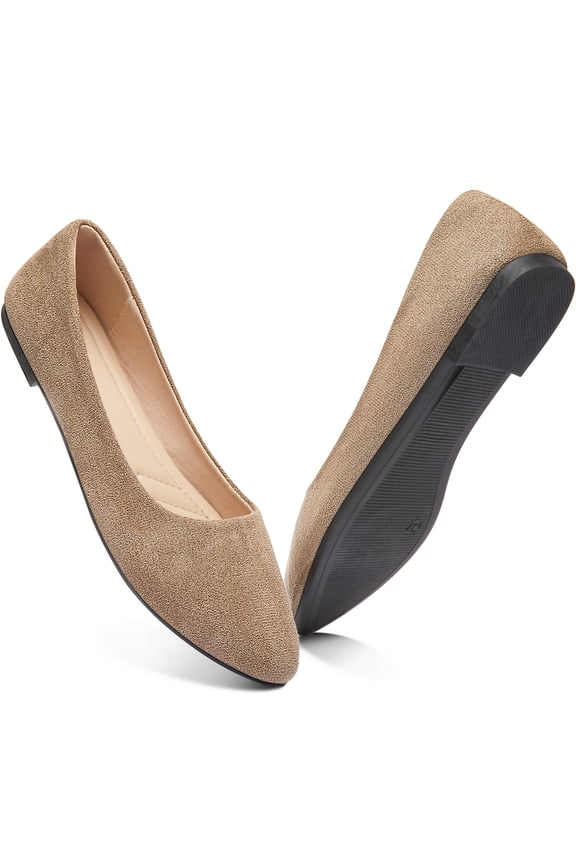 Women Ballet Flats Classic Faux Suede Pointed Toe Dress Shoes Comfortable Slip On Business Flats Cute Solid Soft Ballerina Flats(Beige/Brown 9)