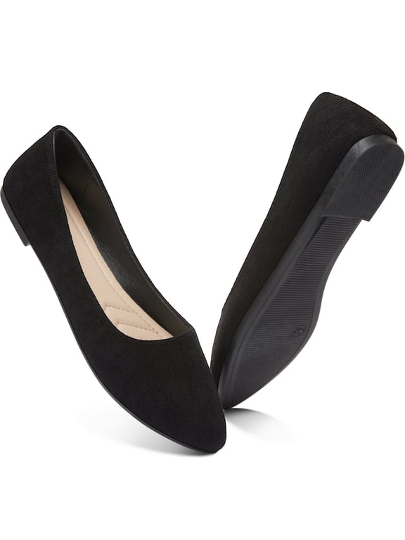 Women Ballet Flats Classic Faux Suede Pointed Toe Dress Shoes Comfortable Slip On Business Flats Cute Solid Soft Ballerina Flats(Black,US9)