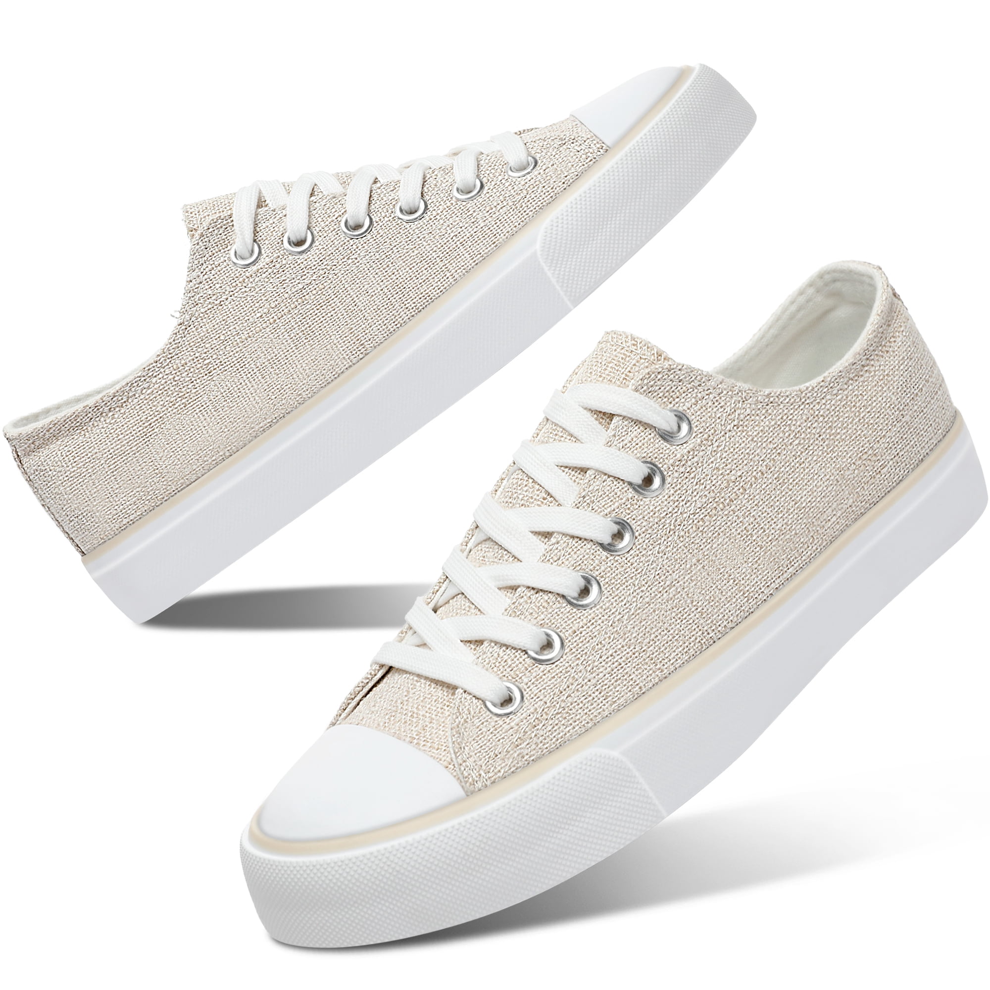 AOMAIS Womens Canvas Fashion Sneakers Classic Low Top Fabric Shoes Casual Walking Canvas Flats Cute Lace Up Tennis Shoes for Lady(Beige US5)
