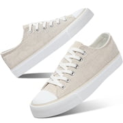 AOMAIS Womens Canvas Fashion Sneakers Classic Low Top Fabric Shoes Casual Walking Canvas Flats Cute Lace Up Tennis Shoes for LadyBeige US8