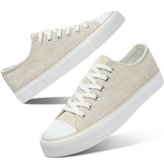 AOMAIS Womens Canvas Fashion Sneakers Classic Low Top Fabric Shoes Casual Walking Canvas Flats Cute Lace Up Tennis Shoes for Lady(Beige US9)