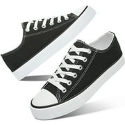 AOMAIS Womens Canvas Fashion Sneakers Classic Low Top Fabric Shoes Casual Walking Canvas Flats Cute Lace Up Tennis Shoes for Lady(Black US12)