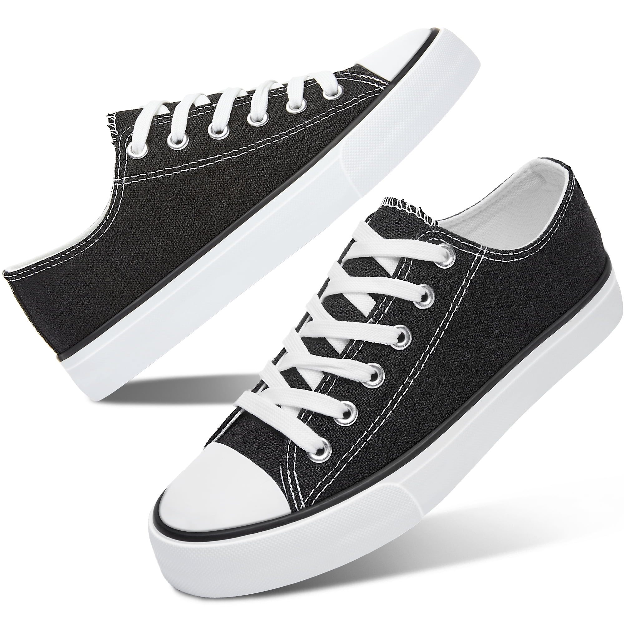 AOMAIS Womens Canvas Fashion Sneakers Classic Low Top Fabric Shoes Casual Walking Canvas Flats Cute Lace Up Tennis Shoes for Lady(Black US5)