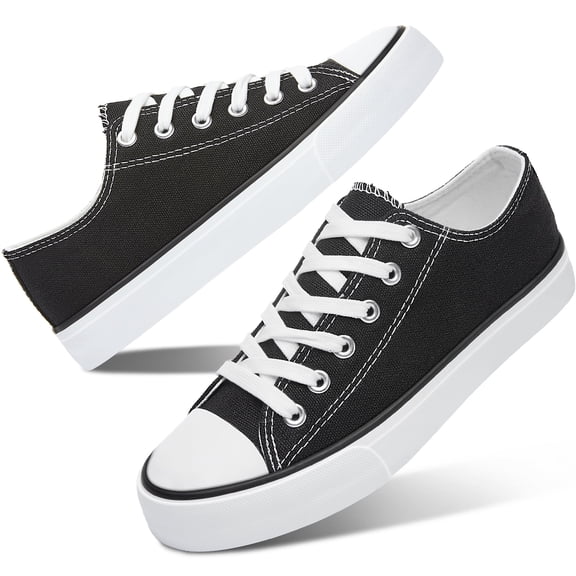 AOMAIS Womens Canvas Fashion Sneakers Classic Low Top Fabric Shoes Casual Walking Canvas Flats Cute Lace Up Tennis Shoes for Lady(Black US8)