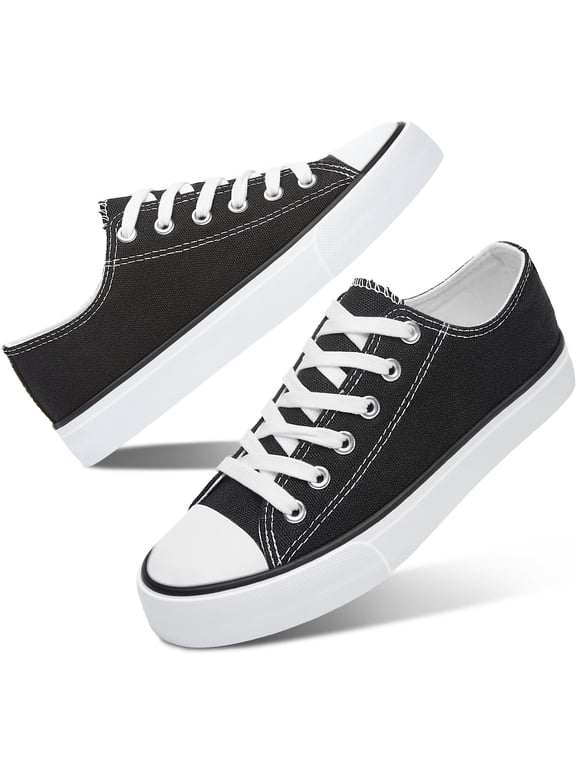 Womens Canvas Fashion Sneakers Classic Low Top Fabric Shoes Casual Walking Canvas Flats Cute Lace Up Tennis Shoes for Lady(Black US9)