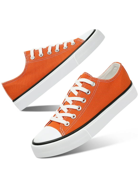 Womens Canvas Fashion Sneakers Classic Low Top Fabric Shoes Casual Walking Canvas Flats Cute Lace Up Tennis Shoes for Lady(Orange US10)