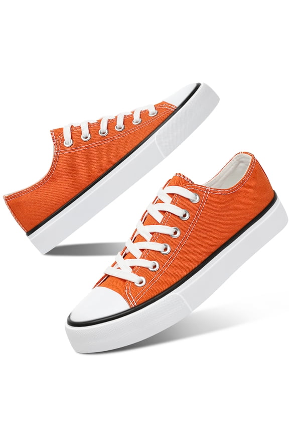 Womens Canvas Fashion Sneakers Classic Low Top Fabric Shoes Casual Walking Canvas Flats Cute Lace Up Tennis Shoes for Lady(Orange US8)