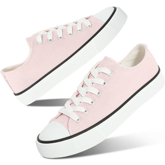 AOMAIS Womens Canvas Fashion Sneakers Classic Low Top Fabric Shoes Casual Walking Canvas Flats Cute Lace Up Tennis Shoes for Lady(Pink US13)