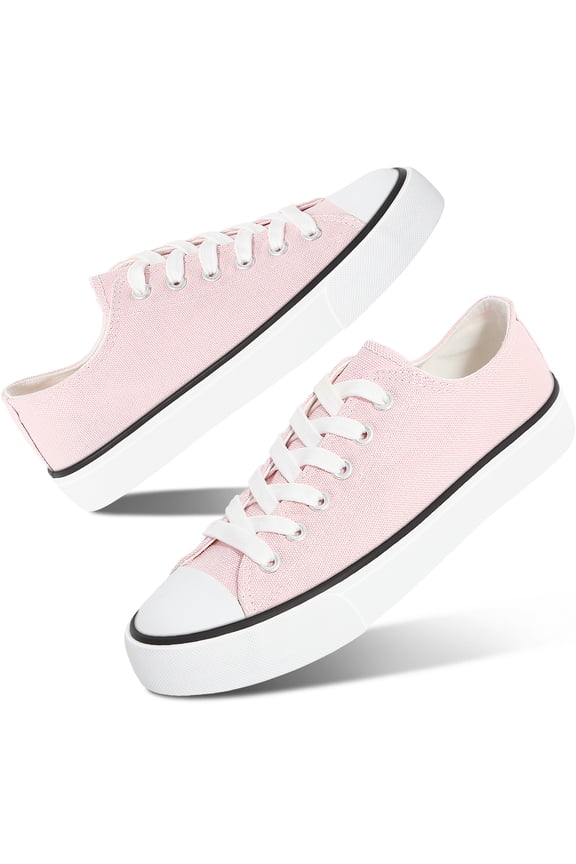 Womens Canvas Fashion Sneakers Classic Low Top Fabric Shoes Casual Walking Canvas Flats Cute Lace Up Tennis Shoes for Lady(Pink US14)