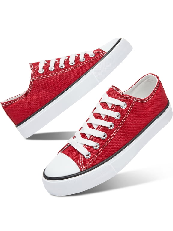Womens Canvas Fashion Sneakers Classic Low Top Fabric Shoes Casual Walking Canvas Flats Cute Lace Up Tennis Shoes for Lady(Red US12)