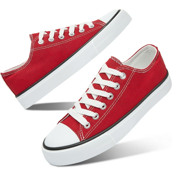 AOMAIS Womens Canvas Fashion Sneakers Classic Low Top Fabric Shoes Casual Walking Canvas Flats Cute Lace Up Tennis Shoes for Lady(Red US8)