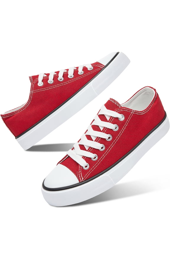 Womens Canvas Fashion Sneakers Classic Low Top Fabric Shoes Casual Walking Canvas Flats Cute Lace Up Tennis Shoes for Lady(Red US9)