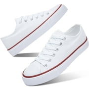 Womens Canvas Fashion Sneakers Classic Low Top Fabric Shoes Casual Walking Canvas Flats Cute Lace Up Tennis Shoes for Lady(White US13)