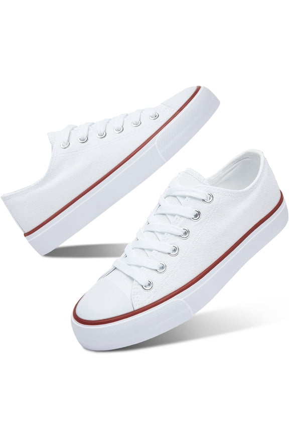 Womens Canvas Fashion Sneakers Classic Low Top Fabric Shoes Casual Walking Canvas Flats Cute Lace Up Tennis Shoes for Lady(White US9)