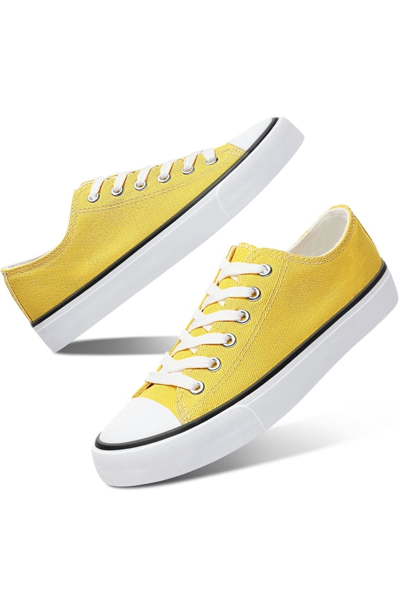 Womens Canvas Fashion Sneakers Classic Low Top Fabric Shoes Casual Walking Canvas Flats Cute Lace Up Tennis Shoes for Lady(Yellow US12)