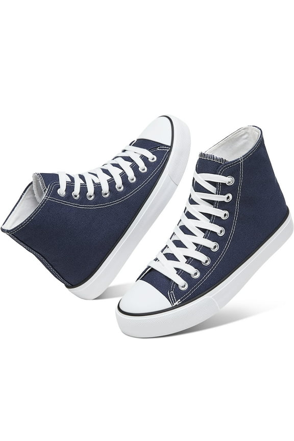Womens High Top Canvas Sneakers Lace Up Mid Top Canvas Shoes Comfortable Non Slip Walking Shoes Casual Tennis Shoes for Women(Navy US9)