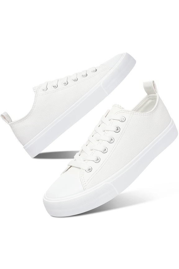 Womens PU Leather Fashion Sneakers Casual Faux Leather Tennis Shoes Canvas Lining Cute Low Top Comfortable Walking Flats For Lady(All White US5)