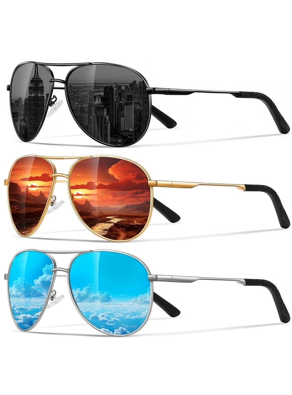 Polarized Aviator Sunglasses for Men Women Driving Fishing Golf Sun Glasses with UV Protection(Black/Blue/Red-3Pack)