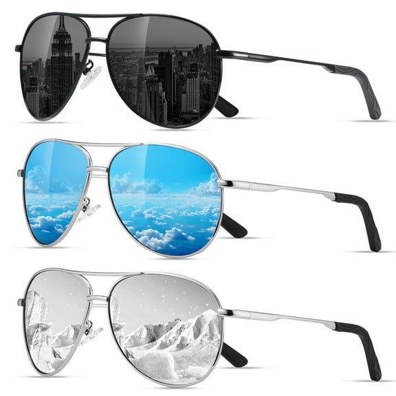 AOMASTE Polarized Aviator Sunglasses for Men Women Driving Fishing Golf Sun Glasses with UV Protection(Black/Blue/Silver-3Pack)
