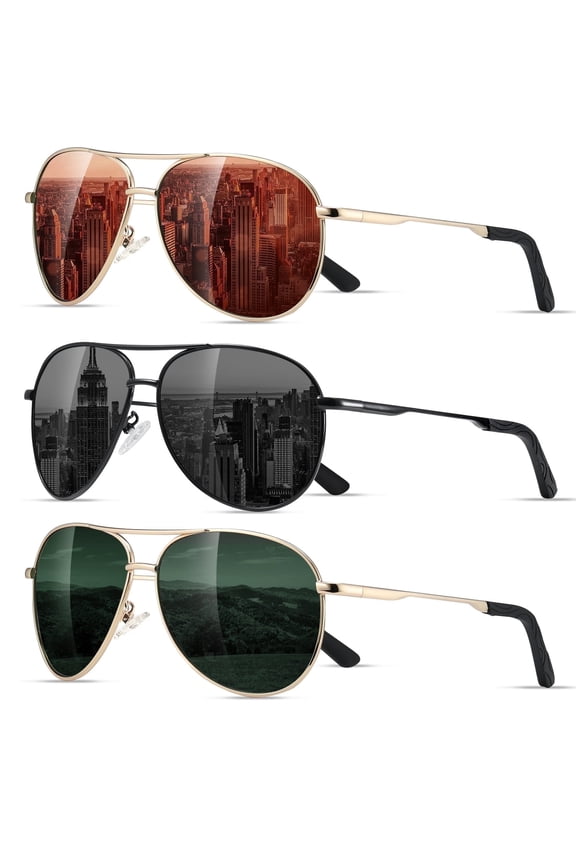 Polarized Aviator Sunglasses for Men Women Driving Fishing Golf Sun Glasses with UV Protection(Black/Green/Red-3Pack)