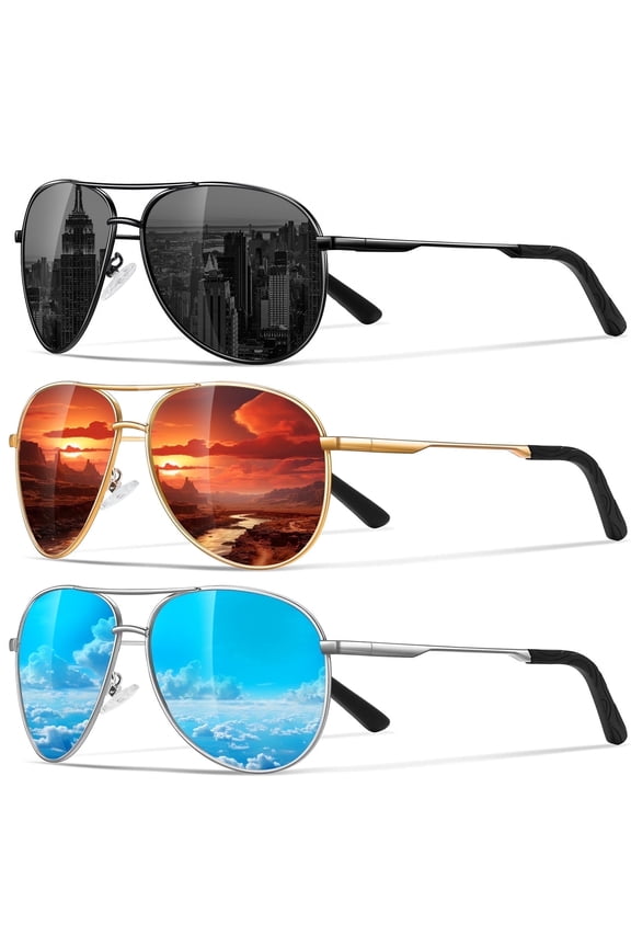 Polarized Aviator Sunglasses for Men Women Driving Fishing Golf Sun Glasses with UV Protection(Black/Blue/Red-3Pack)