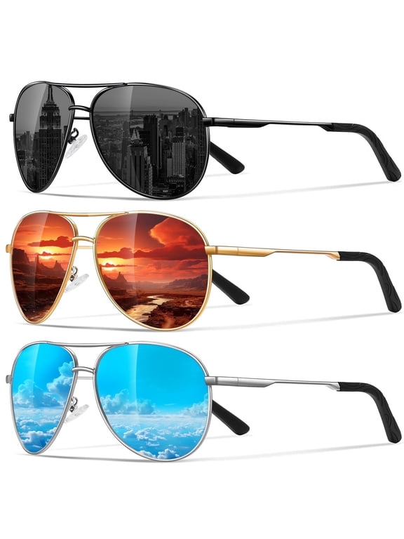 Polarized Aviator Sunglasses for Men Women Driving Fishing Golf Sun Glasses with UV Protection(Black/Blue/Red-3Pack)