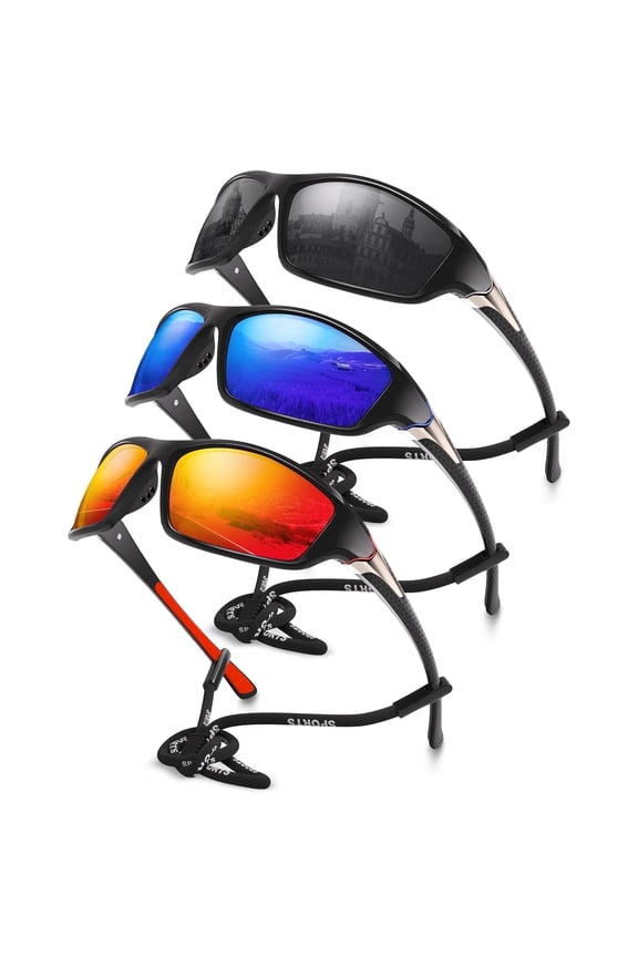 Polarized Sports Sunglasses for Men, Mens Sun Glasses for Driving Fishing Cycling UV400 Protection (Grey/Dark Blue/Red-3 Pack)