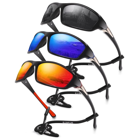 AOMASTE Polarized Sports Sunglasses for Men, Mens Sun Glasses for Driving Fishing Cycling UV400 Protection (Grey/Dark Blue/Red-3 Pack)