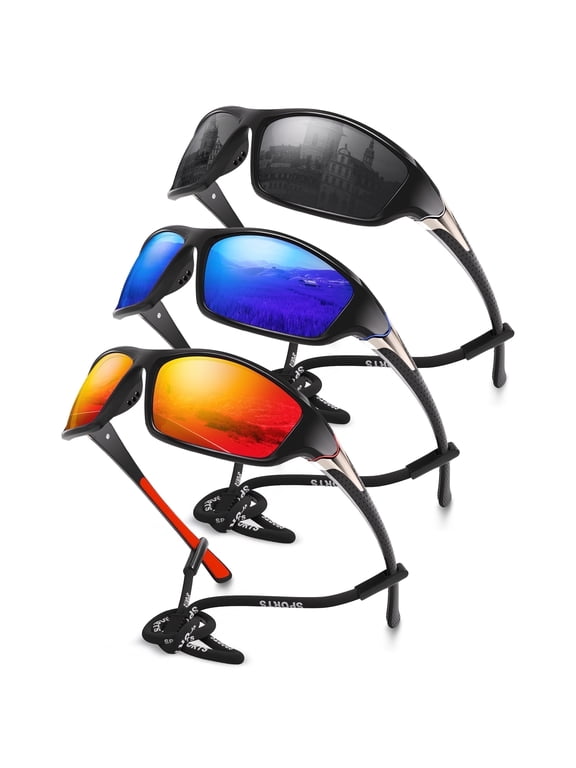 Polarized Sports Sunglasses for Men, Mens Sun Glasses for Driving Fishing Cycling UV400 Protection (Grey/Dark Blue/Red-3 Pack)