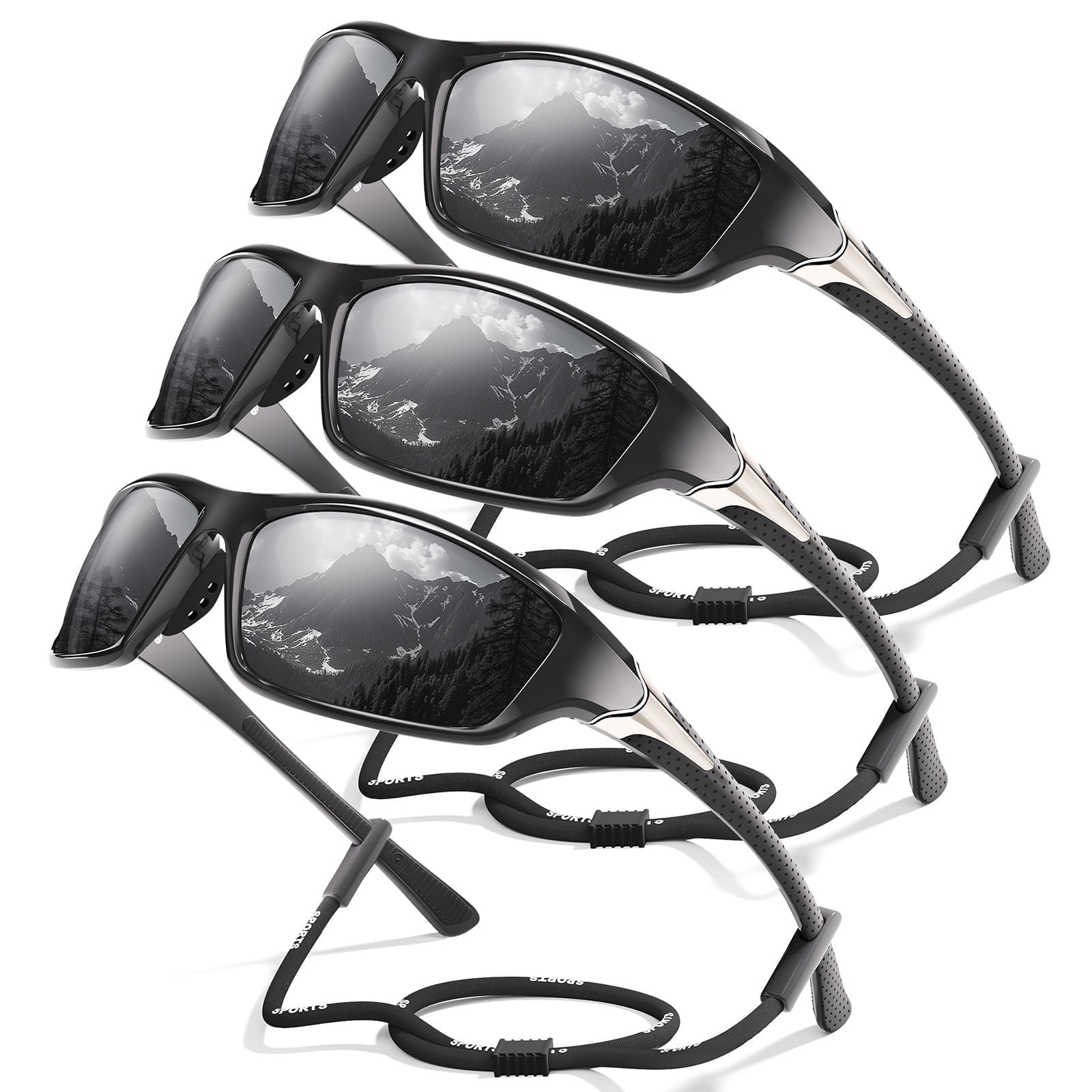 Polarized Sports Sunglasses for Men, Mens Sun Glasses for Driving Fishing Cycling UV400 Protection (Grey-3 Pack)