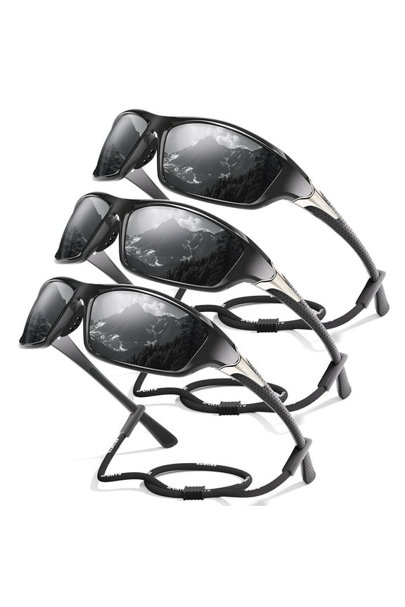 Polarized Sports Sunglasses for Men, Mens Sun Glasses for Driving Fishing Cycling UV400 Protection (Grey-3 Pack)