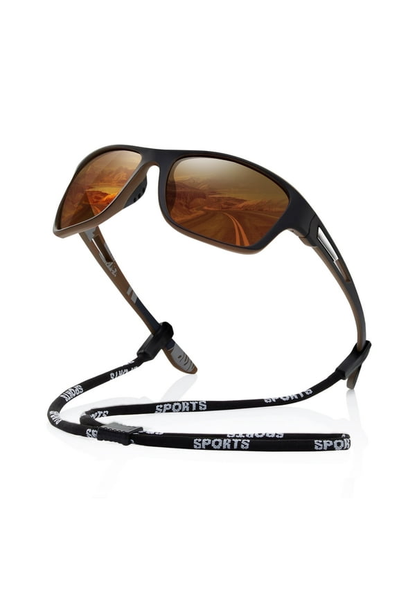 Polarized Sports Sunglasses for Men Wrap Around Sun Glasses for Cycling Running Driving Fishing UV Protection (Brown)