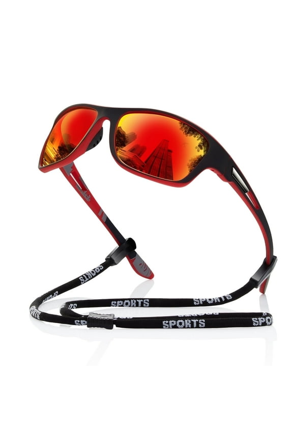 Polarized Sports Sunglasses for Men Wrap Around Sun Glasses for Cycling Running Driving Fishing UV Protection (Red)