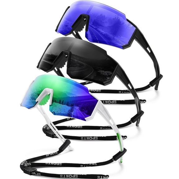 AOMASTE Polarized Sports Sunglasses for Men and Women Oversized Sun Glasses with UV Protection for Driving Cycling Running(Black/Dark Blue/Green-3 Pack)