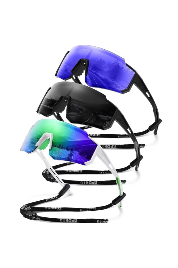 Polarized Sports Sunglasses for Men and Women Oversized Sun Glasses with UV Protection for Driving Cycling Running(Black/Dark Blue/Green-3 Pack)