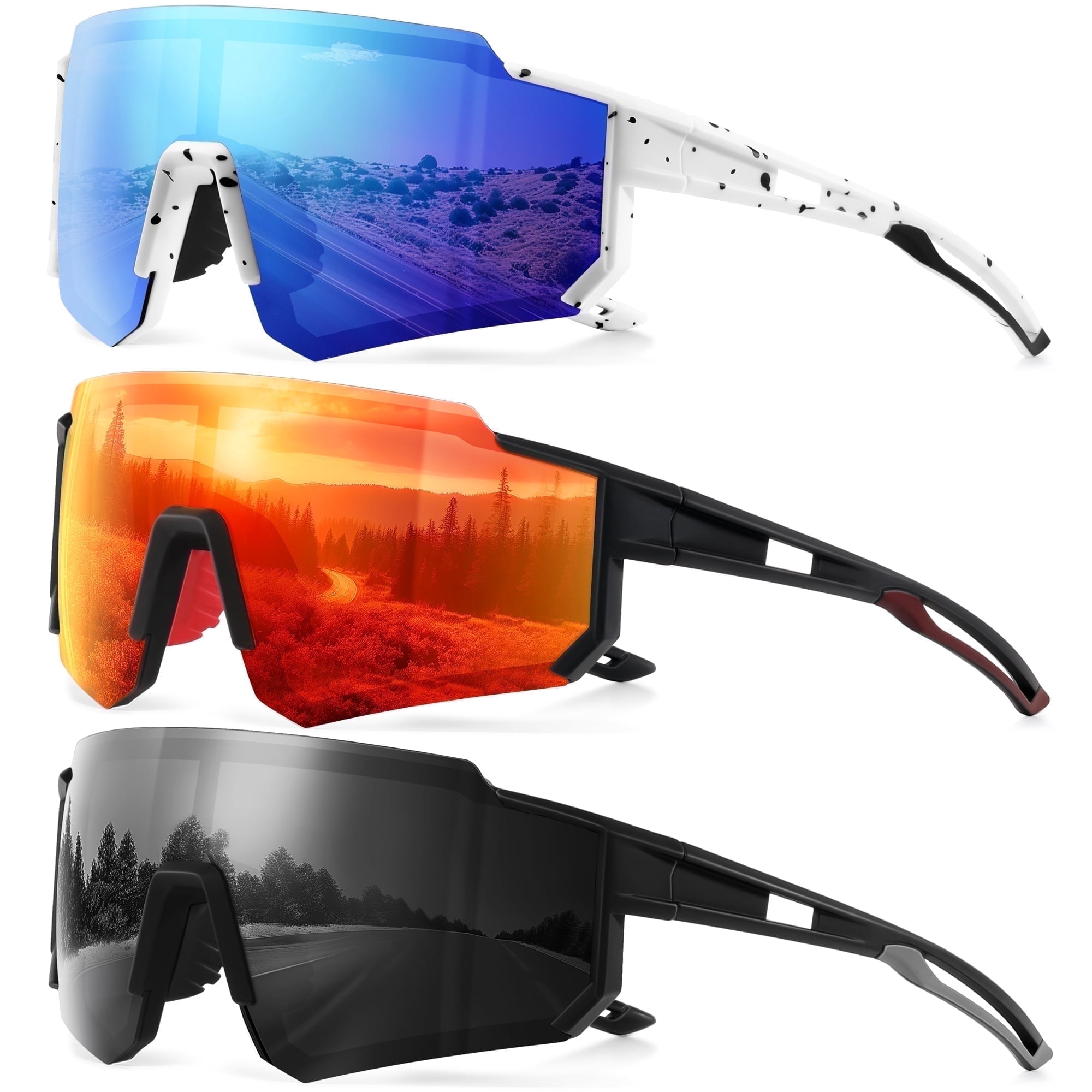 Polarized Sports Sunglasses for Men and Women Oversized Sun Glasses with UV Protection for Driving Cycling Running(Black/Blue/Orange-3 Pack)