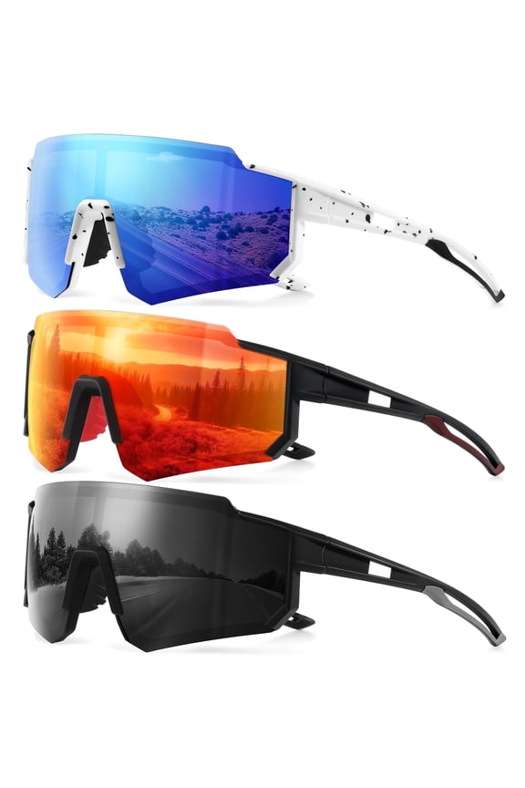 Polarized Sports Sunglasses for Men and Women Oversized Sun Glasses with UV Protection for Driving Cycling Running(Black/Blue/Orange-3 Pack)