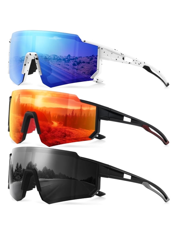 Polarized Sports Sunglasses for Men and Women Oversized Sun Glasses with UV Protection for Driving Cycling Running(Black/Blue/Orange-3 Pack)